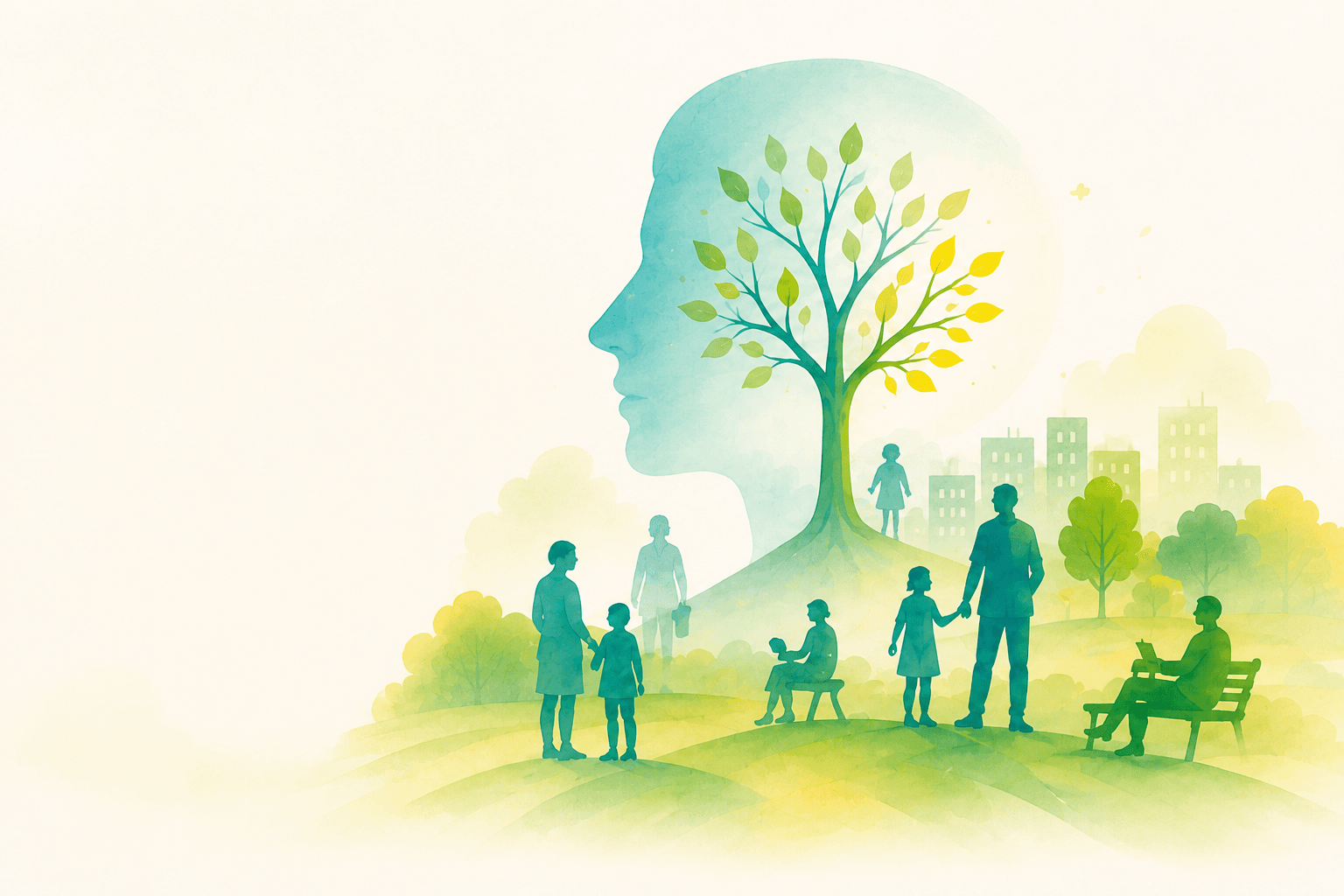 Ilustración acuarelada de un perfil humano convertido en árbol, acompañado por personas de distintas generaciones en un paisaje urbano